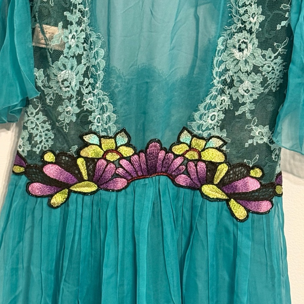 Alberta Ferretti Teal Lace & Embroidered Chiffon Dress — Size 2 / IT 38 - Picture 3 of 10